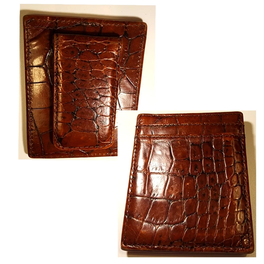 Men's 100% Gator Money Clip/Two Card Slot Wallet. New. Deal! Cognac